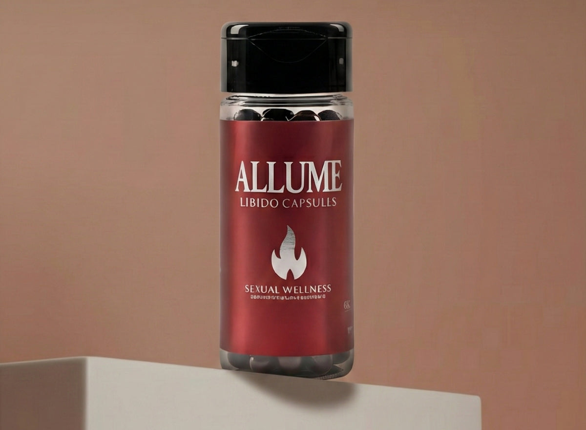 Allume libido capsules in a clear bottle with a red label featuring a flame logo.