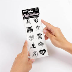Hands holding a pack of Chic Tattoo temporary stickers, featuring playful and artistic designs for personal expression.