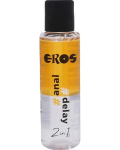 EROS anal delay 2-in-1 lubricant bottle with a yellow label and black cap.