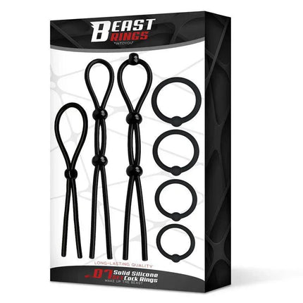 07 Set Solid Silicone Cock Rings in packaging showcasing versatile sizes for solo or couples play.