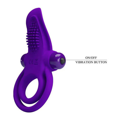 10-Mode Silicone Vibrating Cock Ring Toy with on/off vibration button for shared pleasure and personal exploration.