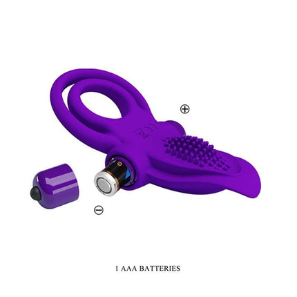 10-Mode Silicone Vibrating Cock Ring Toy in purple with battery included, featuring textured design and 10 vibration settings.