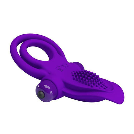 10-Mode Silicone Vibrating Cock Ring Toy in purple, featuring dual rings and textured surface for enhanced pleasure.