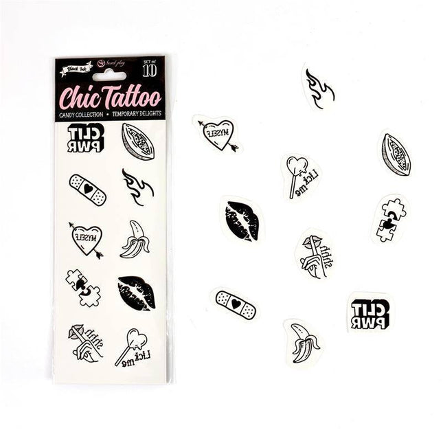 10 temporary Tattoos Candy Collection - Chic Tattoo's bold, candy-themed temporary tattoos for festivals and parties.