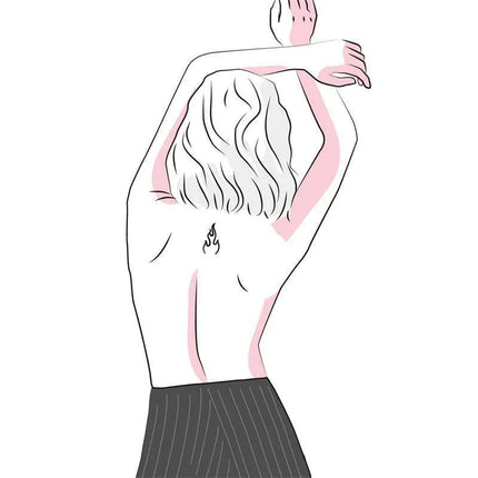 Illustration of a woman with a temporary tattoo from the 10 temporary Tattoos Candy Collection on her back, arms raised.