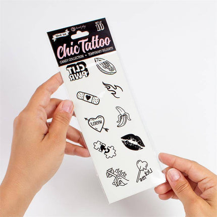10 temporary Tattoos Candy Collection sheet featuring bold, candy-bright designs for festivals and parties.