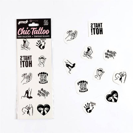 10 temporary tattoos Kinky Collection showcasing provocative designs from Chic Tattoo.