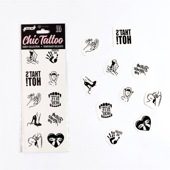 10 temporary tattoos Kinky Collection showcasing provocative designs from Chic Tattoo.