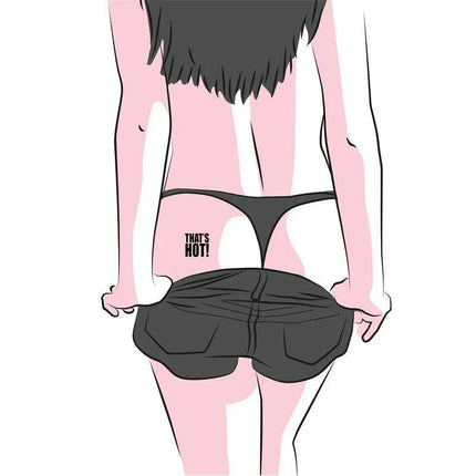 Illustration of a woman with a provocative temporary tattoo from the 10 temporary tattoos Kinky Collection.