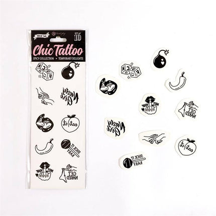 10 temporary tattoos Spicy Collection by Chic Tattoo featuring unique, bold designs for self-expression. Premium quality non-permanent tattoos.