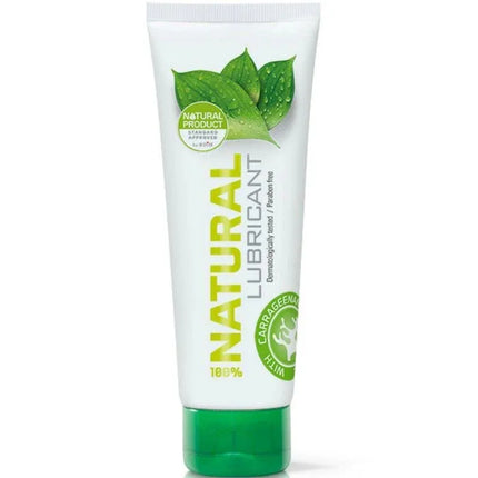 Tube of 100% Natural Water Base Lubricant 125ml with green cap and leaf design.