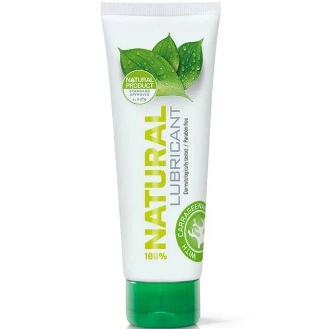 Tube of 100% Natural Water Base Lubricant 125ml with green cap and leaf design.