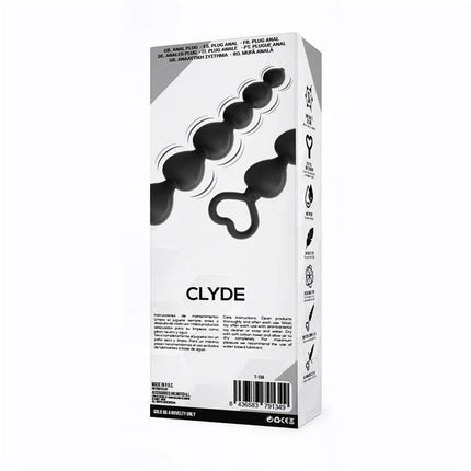 Clyde Beaded Butt Plug with Easy Pull Ring Silicone Black packaging image featuring flexible beaded design for targeted anal stimulation.