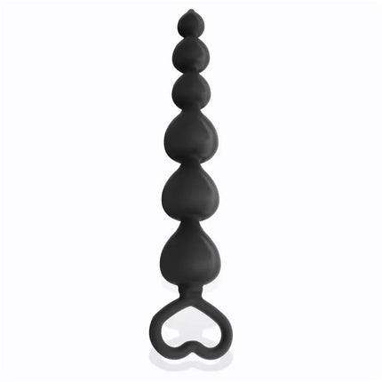 Clyde Beaded Butt Plug with Easy Pull Ring Silicone Black featuring textured spheres and ergonomic design for enhanced pleasure.