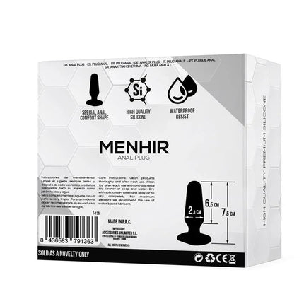 Packaging of Menhir Anal Plug Silicone Black with dimensions and features.