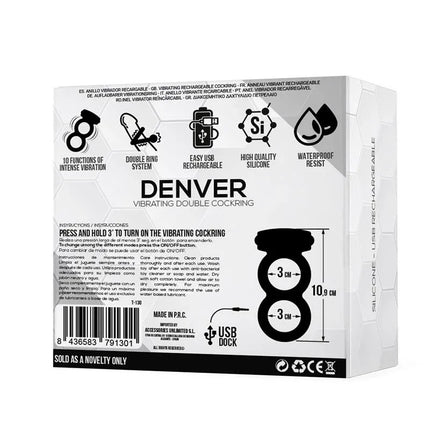 Packaging of Denver Double Cockring with Vibrating Bullet USB Silicone Black showing features and instructions.