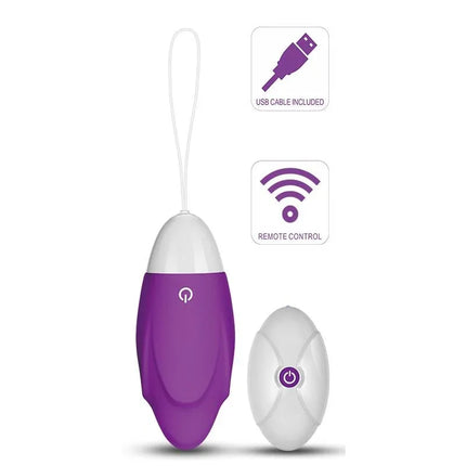 Vibrating Egg iJoy Remote Control USB Purple with remote and USB cable included, features 10 vibration patterns in silky silicone.
