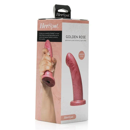 Product packaging of Herspot Dildo Golden Rose Medium Size featuring a curved rose-gold dildo for precise G-spot stimulation.