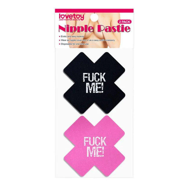 Pack Nipple Covers Cross Black and Pink FUCK ME - satin pasties with bold "FUCK ME" text in black and pink cross design.