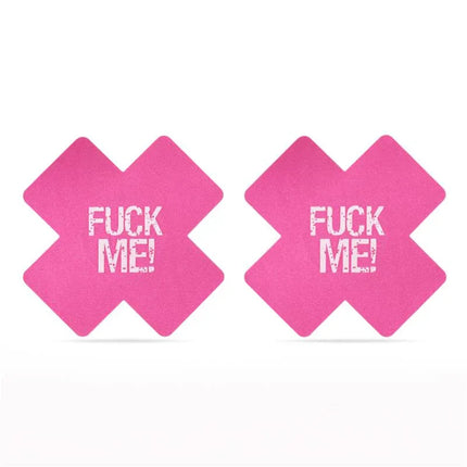 Pack Nipple Covers Cross Black and Pink FUCK ME - bold satin pasties with cross design and playful text in vibrant pink.