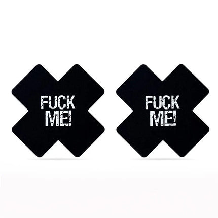 Pack Nipple Covers Cross Black and Pink FUCK ME satin pasties with bold statement design.