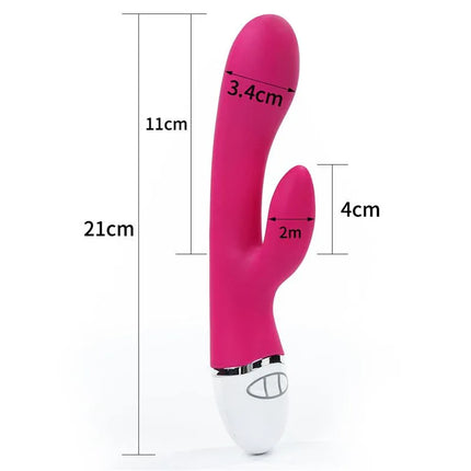 Vibe Dreamer USB Rose Red premium silicone vibrator with dual-motor and measurements shown, designed for powerful adult pleasure.