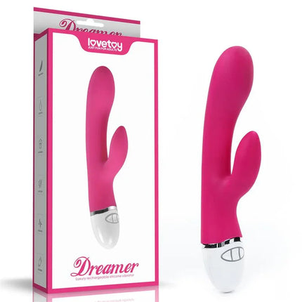 Vibe Dreamer USB Rose Red rechargeable silicone vibrator with dual motors and sleek design for enhanced pleasure.