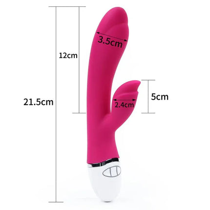 Vibe Dreamer II USB Rose Red rechargeable silicone vibrator with dual motors, shown with dimensions for enhanced pleasure.