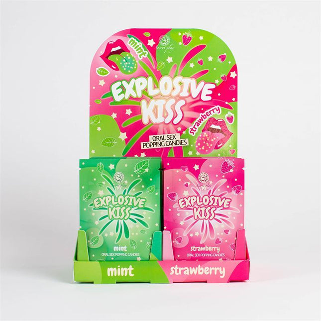 Oral Sex Popping Candies Display 48 Units featuring strawberry and mint flavors in colorful packaging.