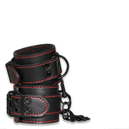 Ankle Cuffs Bondage Black with red stitching, faux leather restraints for secure and comfortable bondage sessions