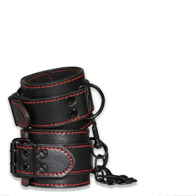 Ankle Cuffs Bondage Black with red stitching, faux leather restraints for secure and comfortable bondage sessions