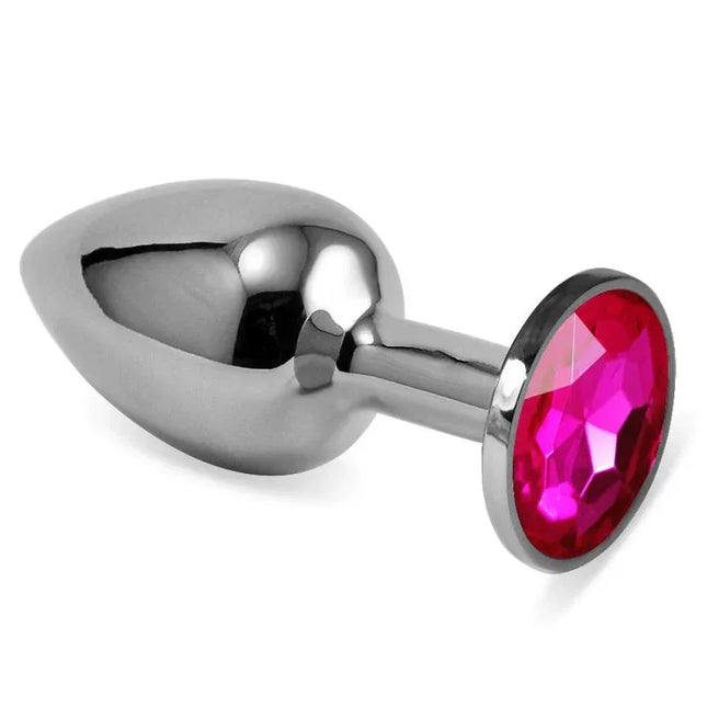 Butt Plug Silver Rosebud Classic with Fuchsia Jewel Size S, luxury nickel-free metal anal plug for discreet play with vibrant fuchsia jewel.