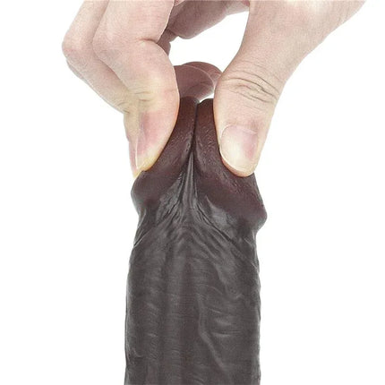 Close-up of Dildo Sliding 9 Black showcasing double-layer TPE construction for realistic texture and lifelike feel.