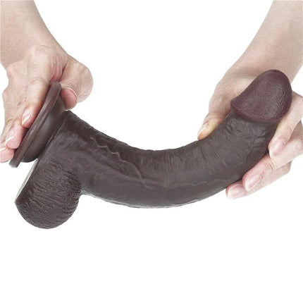Hands holding the Dildo Sliding 9 Black, showcasing its realistic texture and flexibility.