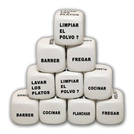 White Dice for Decisions - Stay at Home featuring Spanish cleaning and cooking tasks like lavar los platos, cocinar, and barrer.