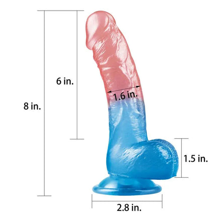 Dildo Dazzle Studs 8 Pink and Blue - 8 inch realistic dildo with pink and blue finish, harness-ready, flexible TPE material.