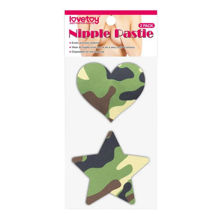 Pack Nipple Covers Star and Heart Camouflage, discreet satin coverage with camouflage design, 2 pairs per pack, adhesive for secure fit.