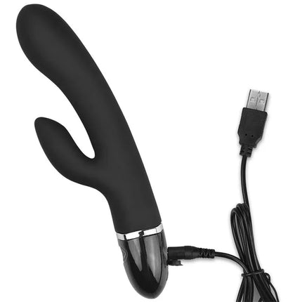 Vibe O-Sensual Clit Duo Climax Black luxury vibrator with USB charging cable, featuring body-safe silicone and G-spot stimulation design.