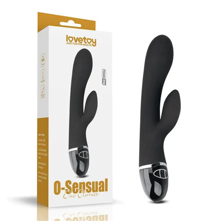 Vibe O-Sensual Clit Duo Climax Black luxury vibrator in packaging with black silicone design and 7 intensity levels.