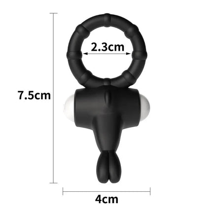Vibrating Cockring Power Clit Black, silicone ring with built-in vibrating bullet and clitoral stimulators, dimensions 7.5cm x 4cm.