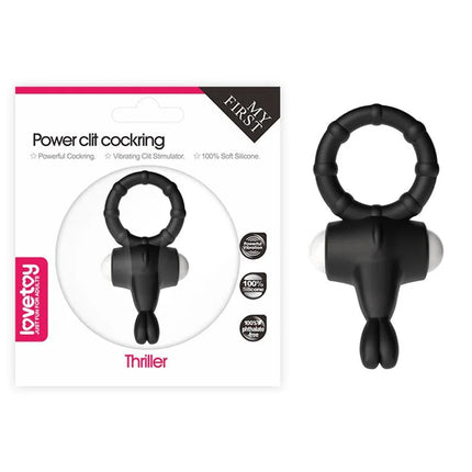 Vibrating Cockring Power Clit Black silicone ring with rabbit-ear stimulators in package.