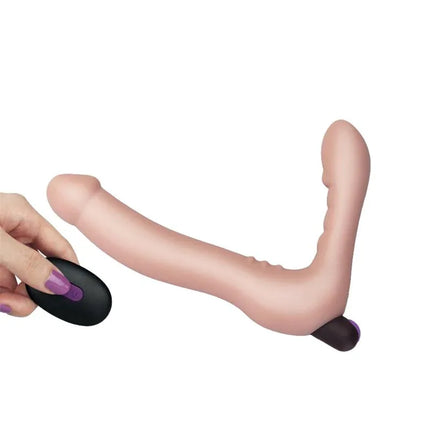 Strapless Doble Dildo Silicone USB with remote control for hands-free stimulation, featuring dual shafts for shared pleasure.