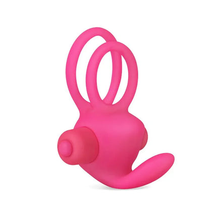 Double Vibrating Cockring Power Clit Duo Pink silicone toy with dual rings and clitoral stimulator for intimate couple use.