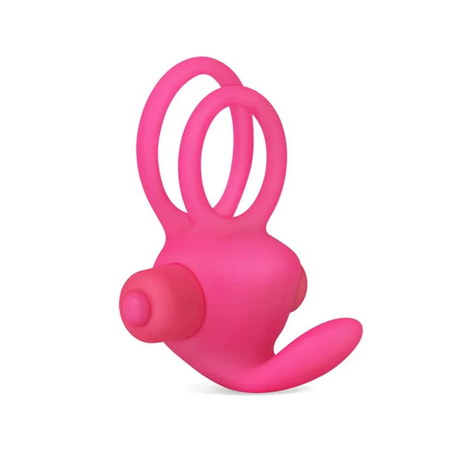 Double Vibrating Cockring Power Clit Duo Pink silicone toy with dual rings and clitoral stimulator for intimate couple use.