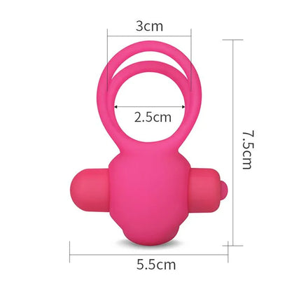 Double Vibrating Cockring Power Clit Duo Pink with dimensions 7.5cm height, 5.5cm width, and 3cm diameter, silicone material.