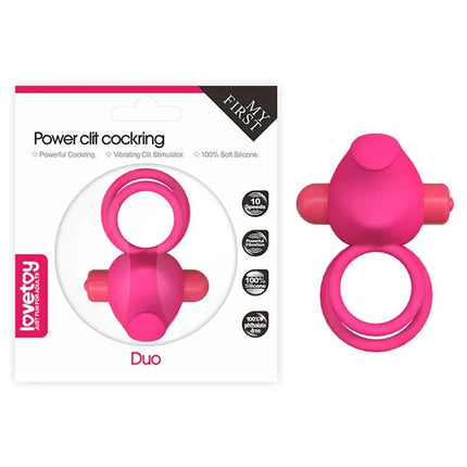 Double Vibrating Cockring Power Clit Duo Pink in packaging and out, silicone couple's toy for enhanced intimacy with 10 speed functions.