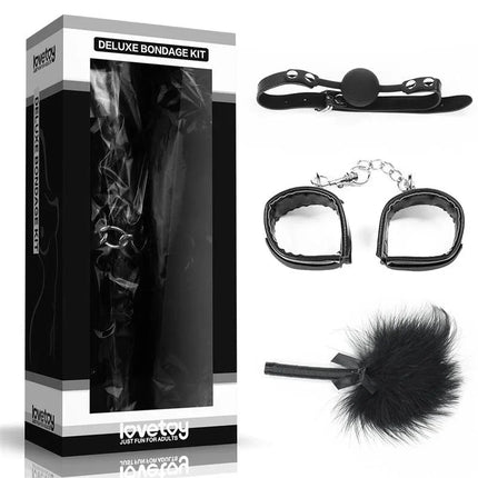 Bondage Kit Deluxe Black featuring gag, handcuffs, and tickler in a sleek box for playful exploration.