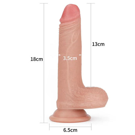 Dildo Nature 7 Liquid Silicone Flesh with dual-density design and suction base, measuring 18cm x 6.5cm.