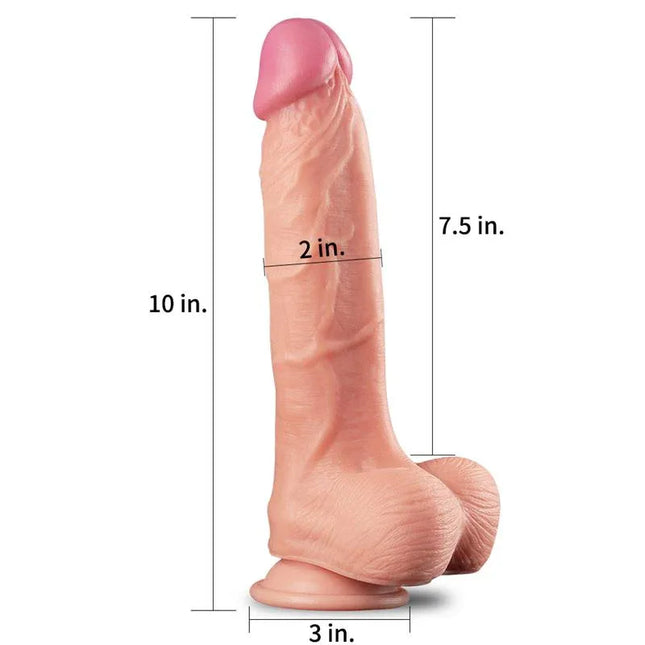 Dildo Nature 10 Dual Layer Flesh by Love Toy King, lifelike 10-inch silicone for authentic experience with measurements shown.