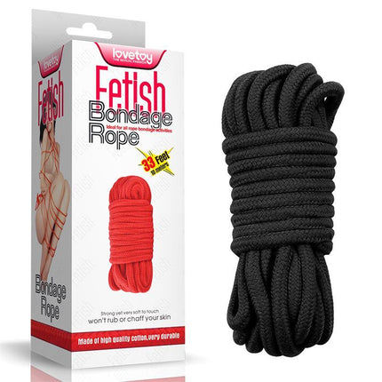 Rope Bondage Soft Black cotton rope, 10-meter, ideal for Japanese-style bondage and gentle, skin-friendly restraints, in packaging.